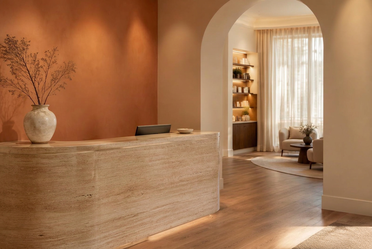 Recepção com parede terracota, balcão de travertino e botânica seca